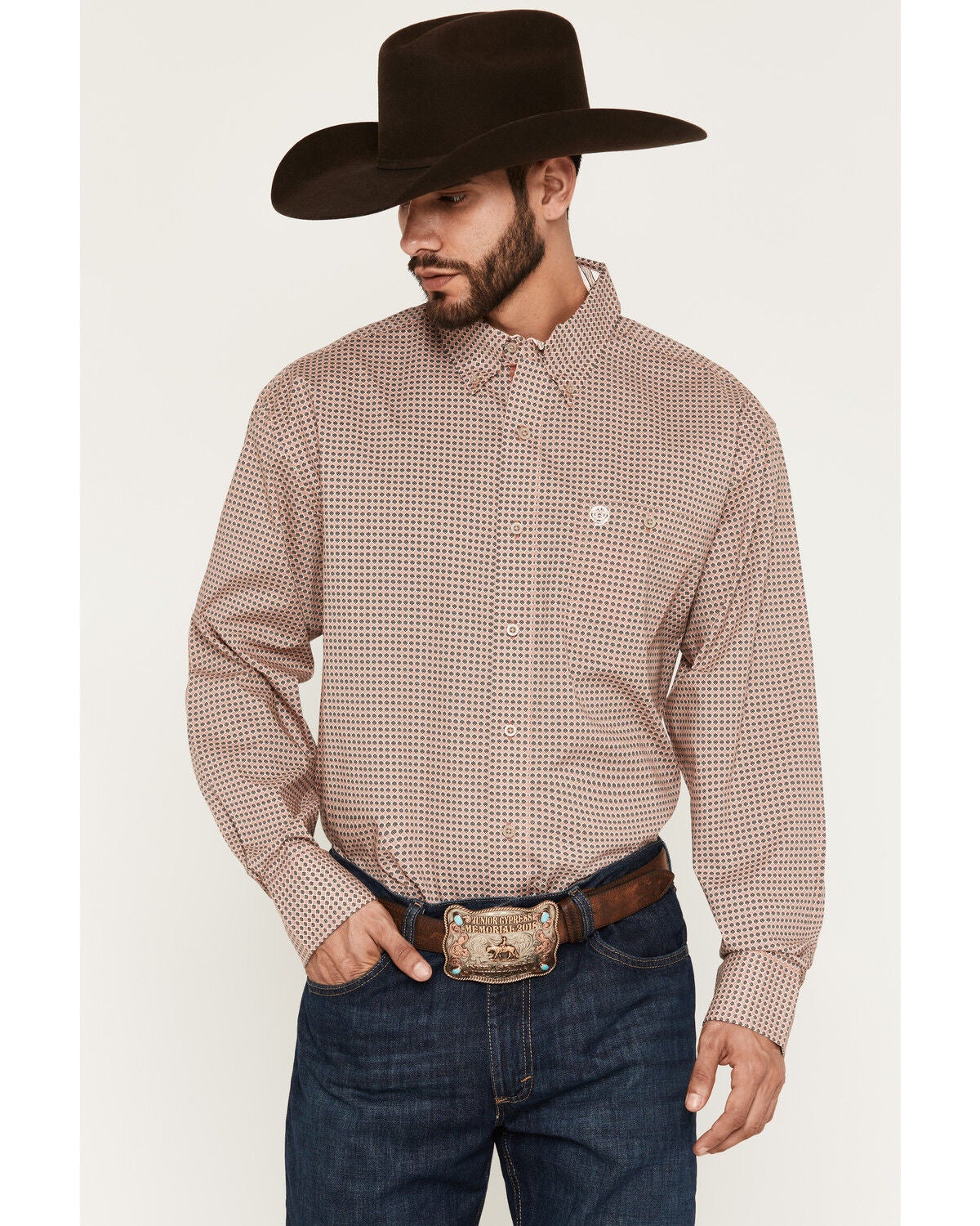Image #1 - George Strait by Wrangler Men's Geo Print Long Sleeve Button-Down Stretch Western Shirt, Rust Copper, hi-res