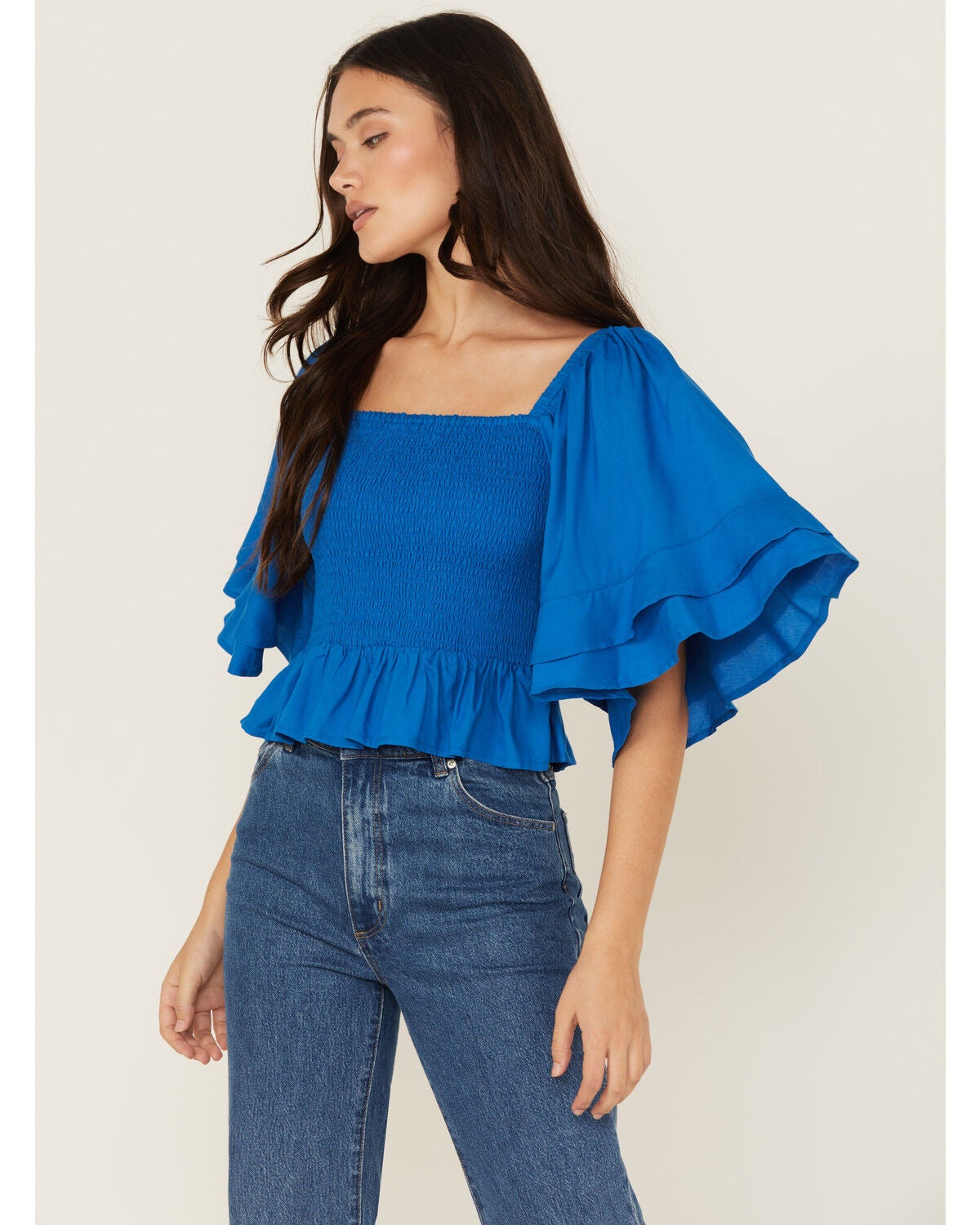 Shyanne Women's Ruffle Sleeve Top, Medium Blue, hi-res