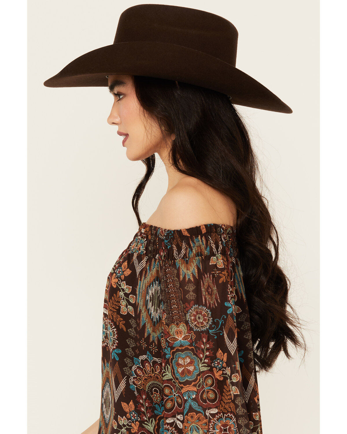 Image #2 - Shyanne Women's Printed Off The Shoulder Peasant Top, Dark Brown, hi-res