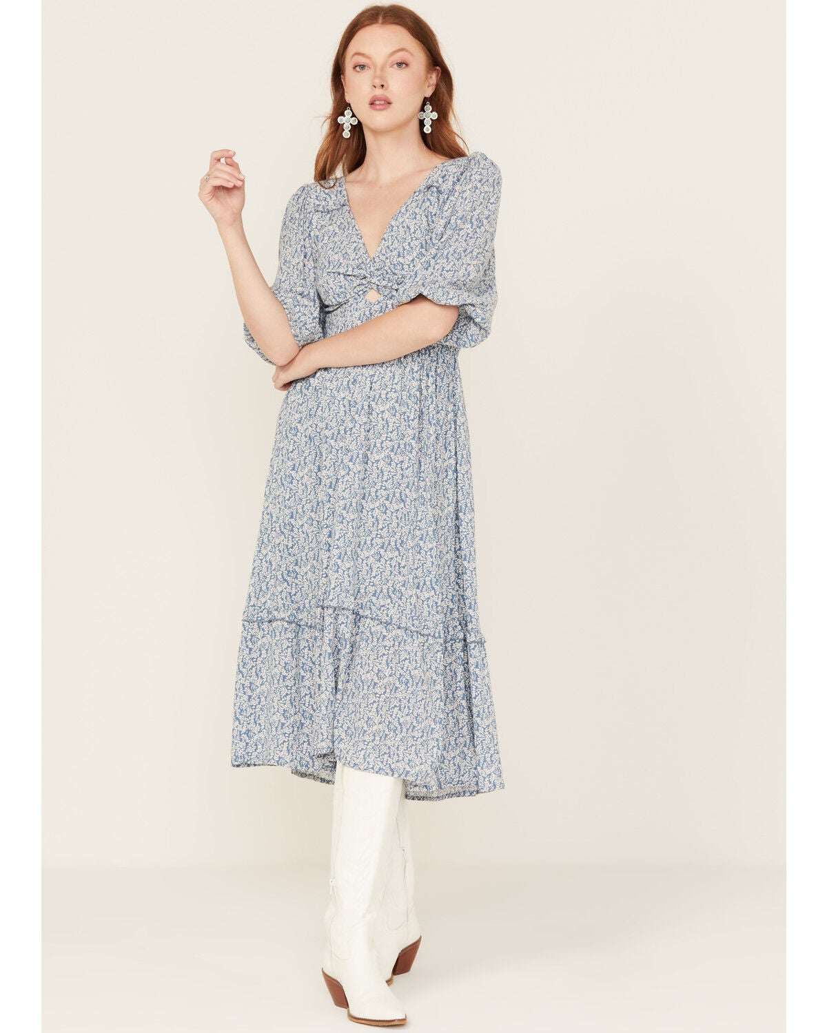 Wild Moss Women's Printed Front Twist Midi Dress, Blue, hi-res