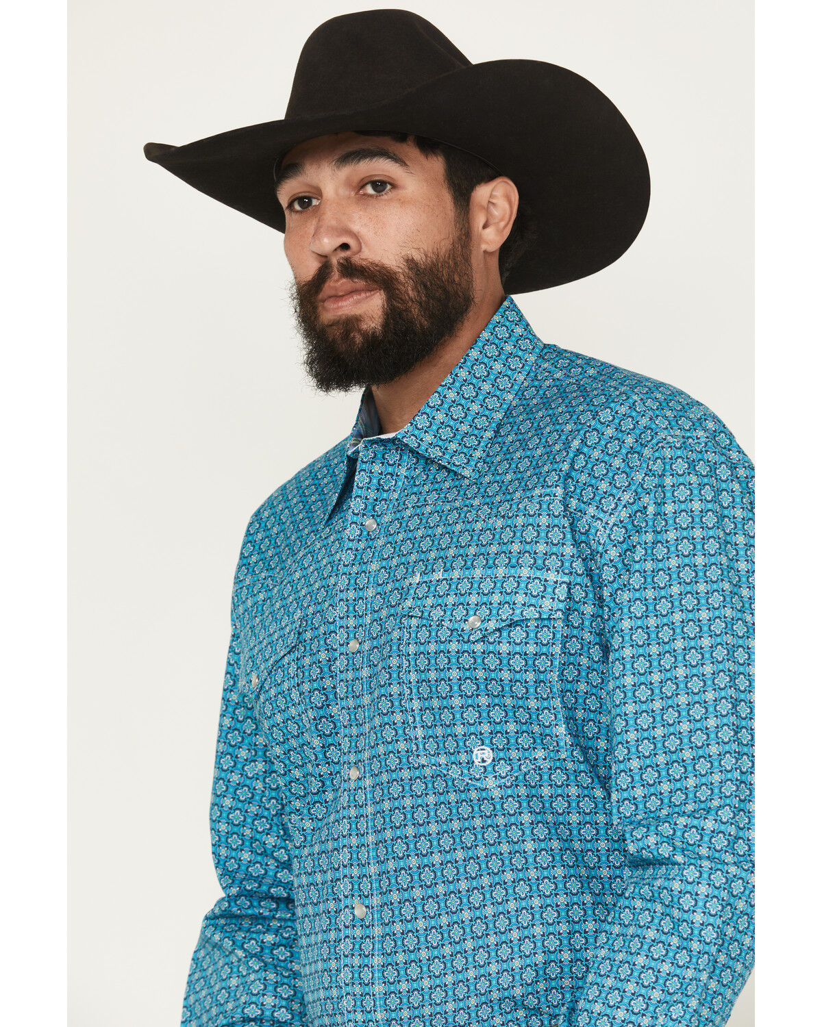 Image #2 - Roper Men's Amarillo Geo Print Long Sleeve Pearl Snap Western Shirt, Teal, hi-res