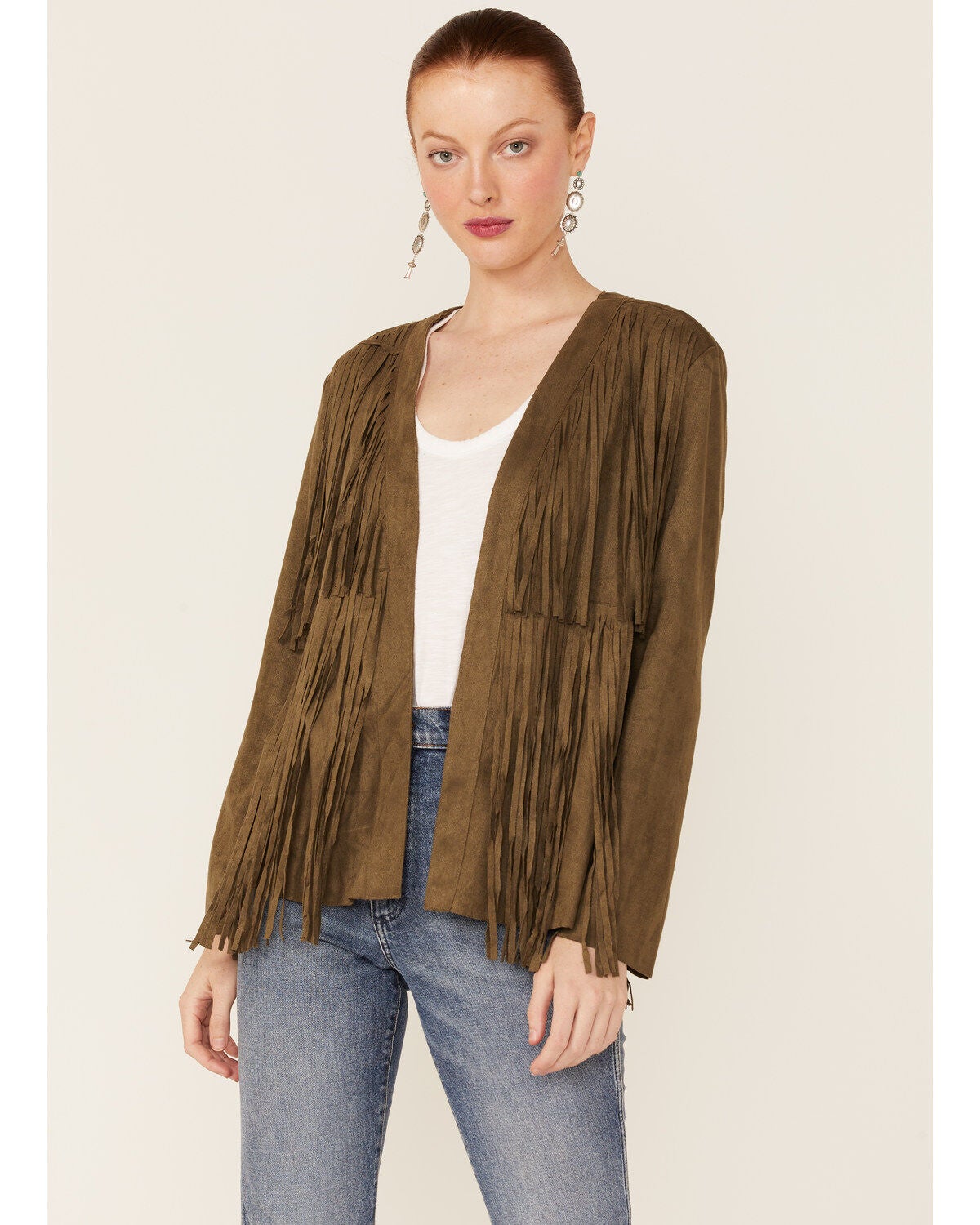 Image #1 - Vocal Women's Dark Olive Tiered Fringe Faux Suede Open-Front Jacket, , hi-res
