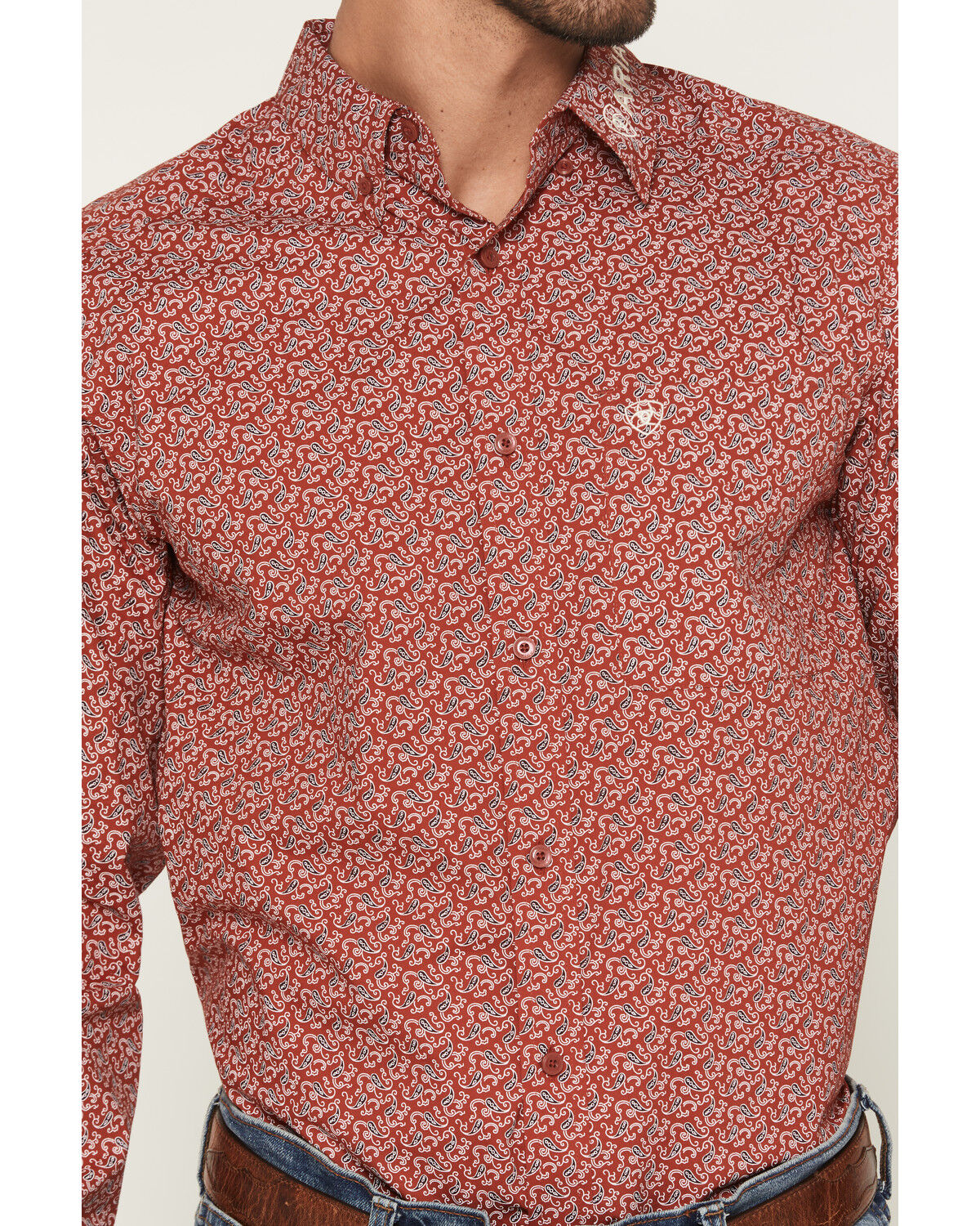 Image #3 - Ariat Men's Team Logo Paisley Print Long Sleeve Button-Down Western Shirt, Red, hi-res