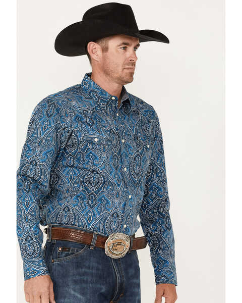 Cody James Men's Conquistador All-Over Print Snap Western Shirt , Blue, hi-res