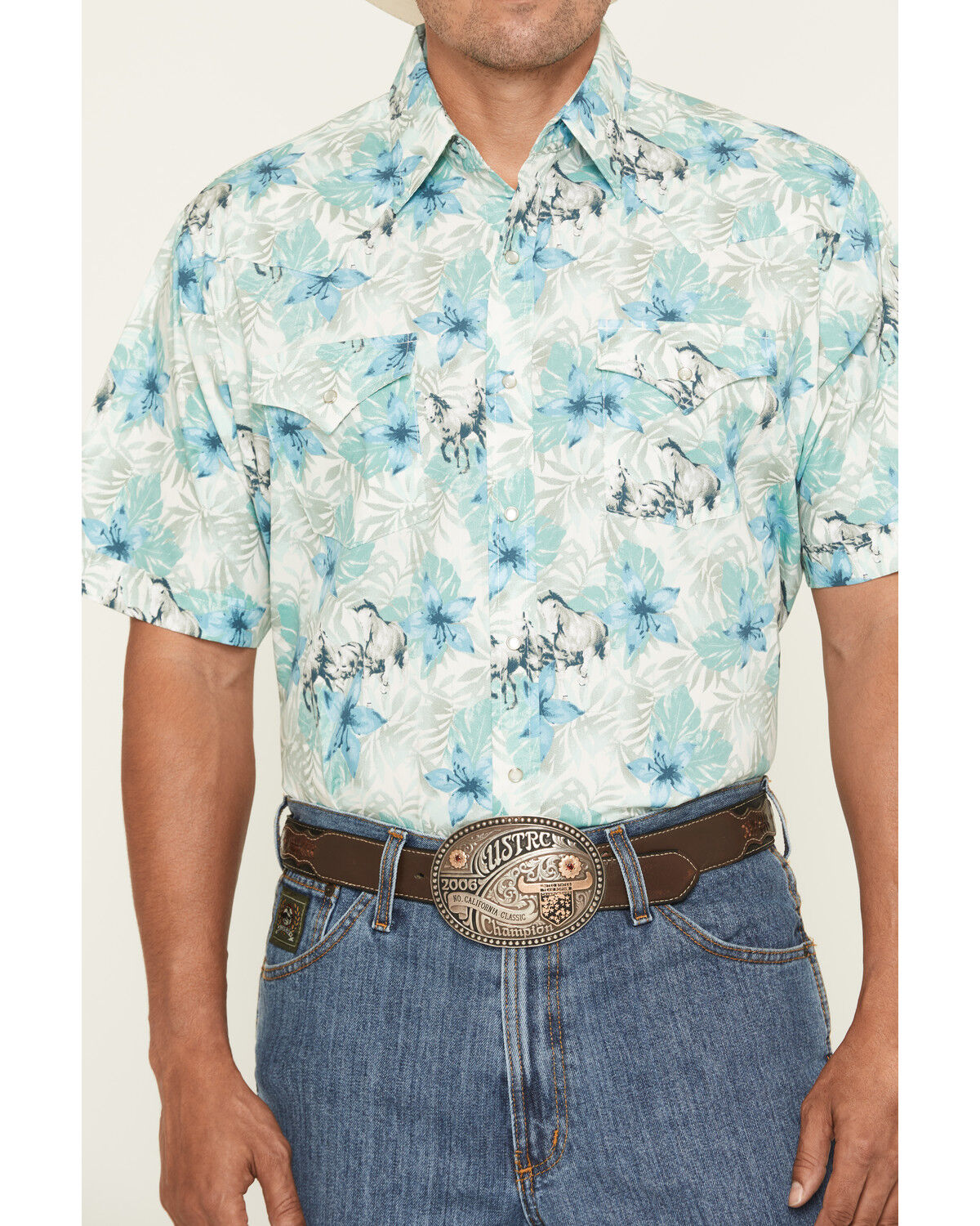 Image #3 - Ely Walker Men's Hawaiian Horse Print Short Sleeve Snap Western Shirt, Cream, hi-res