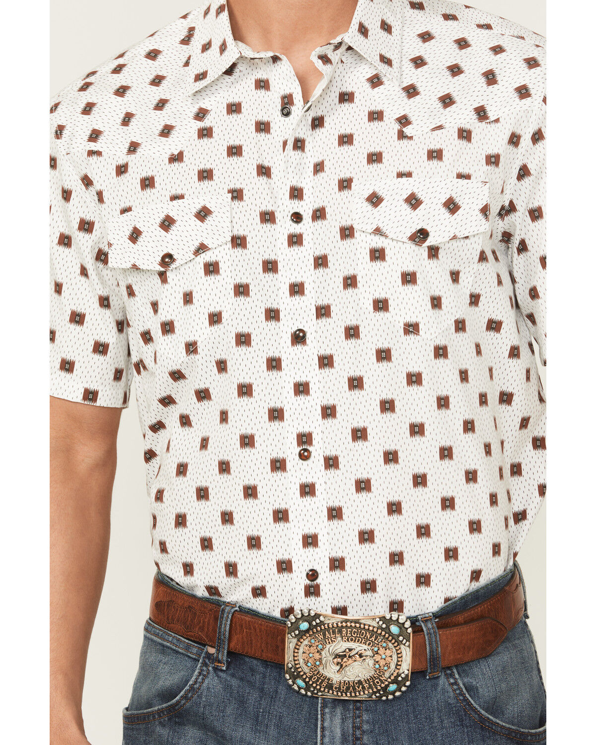 Image #3 - Gibson Trading Co Men's Barn Door Southwestern Print Short Sleeve Snap Stretch Western Shirt, White, hi-res