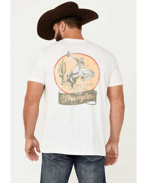 Wrangler Men's Boot Barn Exclusive Bucking Horse and Logo Short Sleeve Graphic T-Shirt, Cream, hi-res
