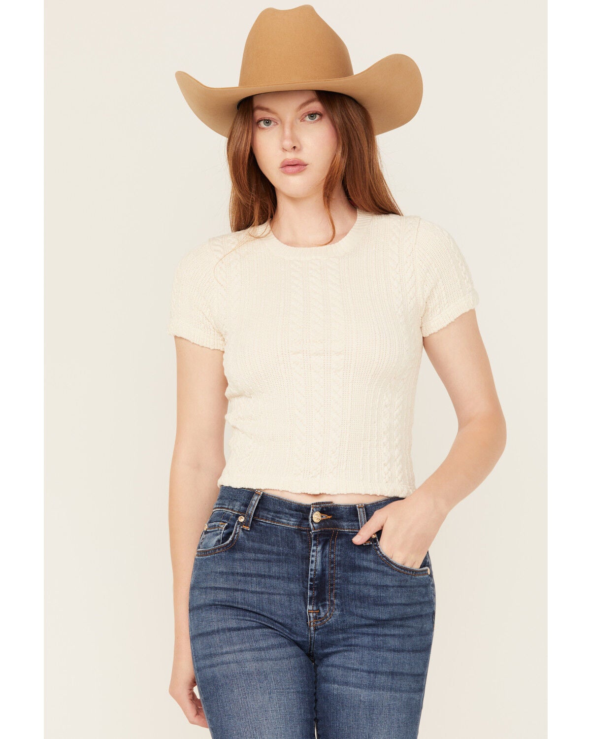 Evergreen Women's Cable Rib Short Sleeve Top, Tan, hi-res