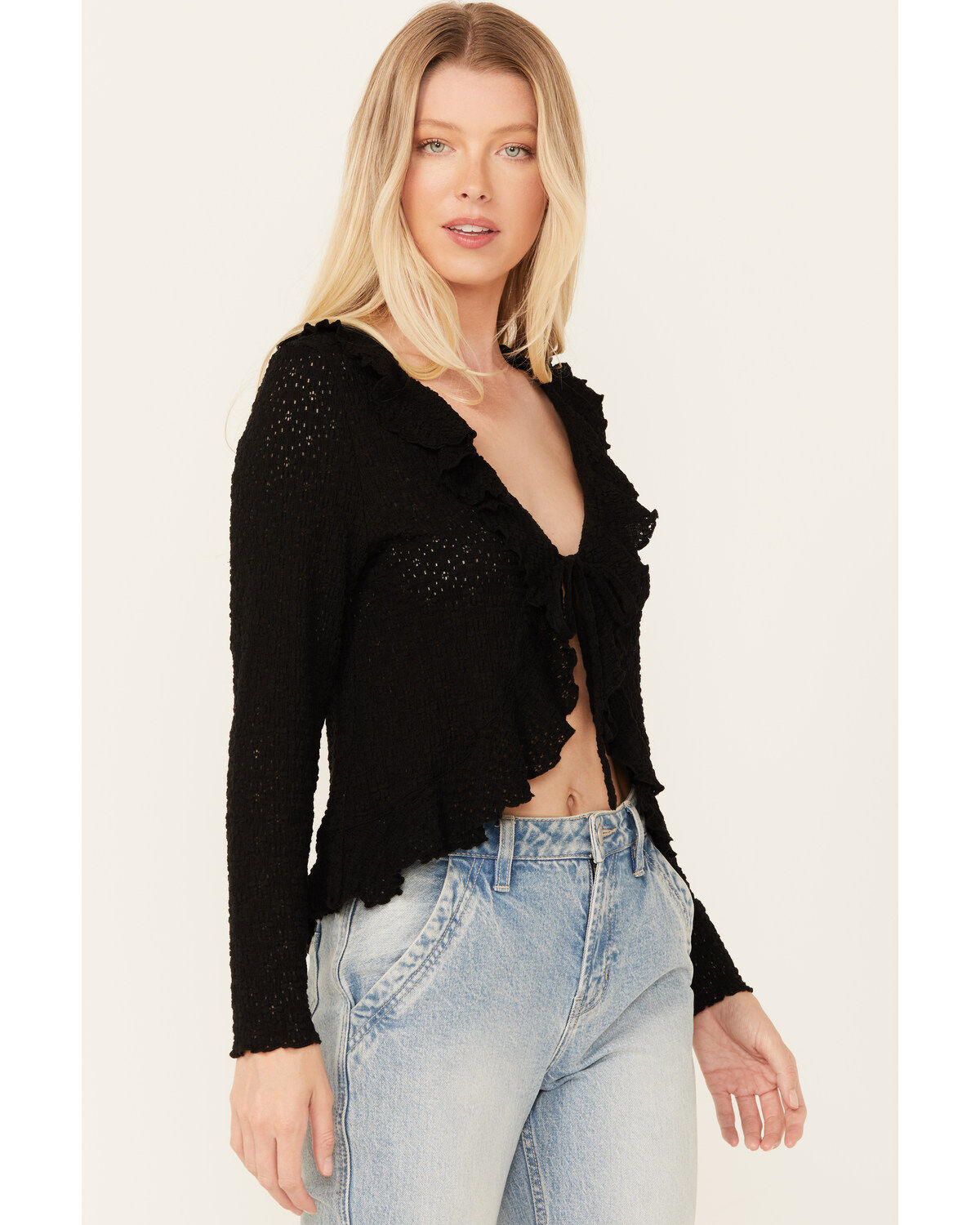 Image #2 - Bila77 Women's Ruffle Front Maxella Long Sleeve Top, Black, hi-res