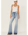 Ceros Women's High Rise Flare Double Released Hem Jeans, Blue, hi-res