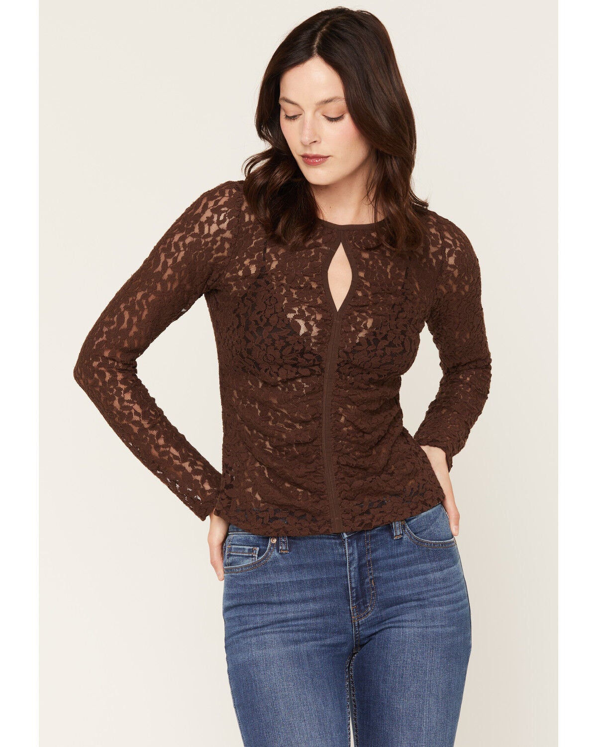 Shyanne Women's Ashley Long Sleeve Lace Keyhole Top, Dark Brown, hi-res
