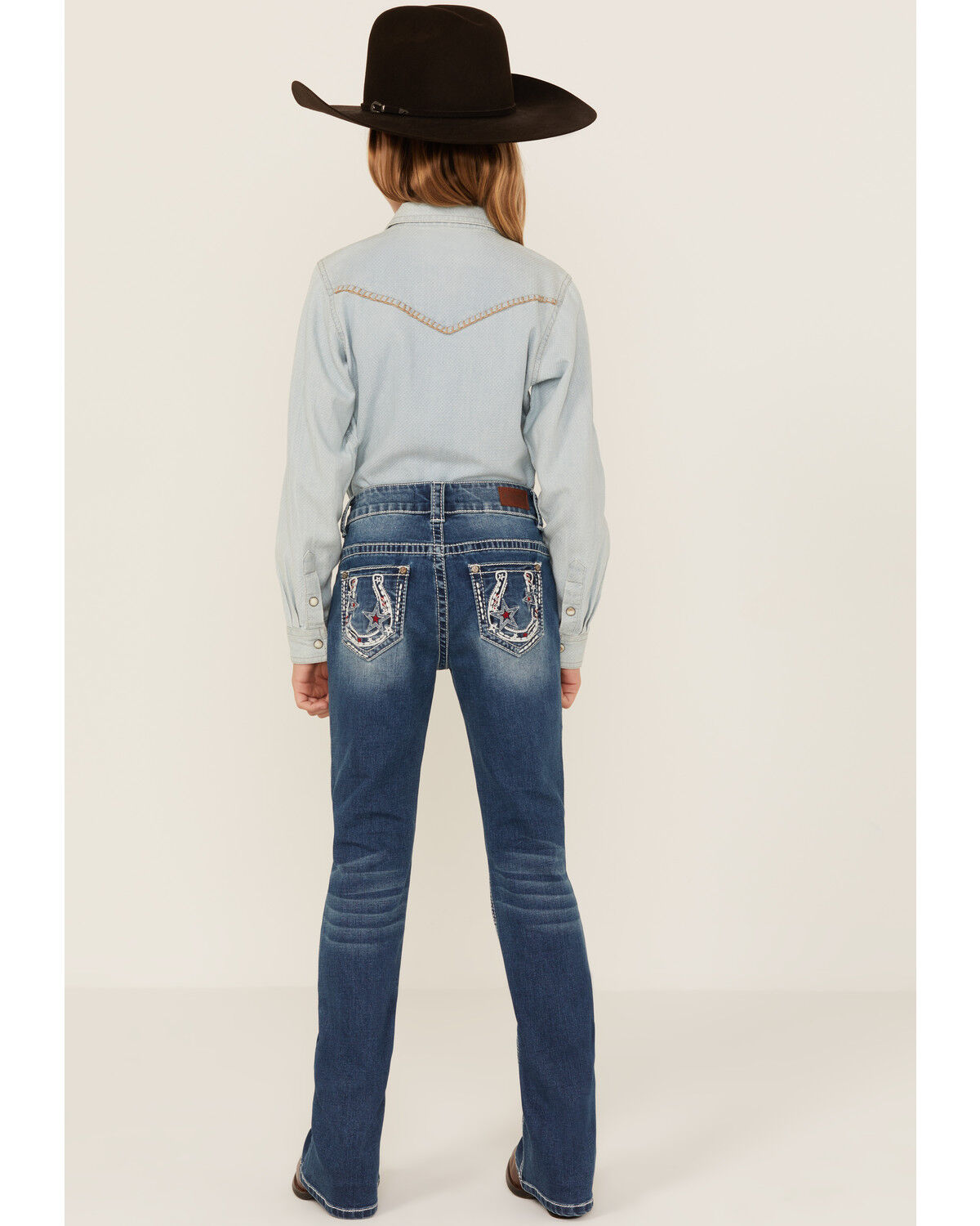 Image #1 - Shyanne Little Girls' Americana Horseshoe Pocket Stretch Bootcut Jeans, Blue, hi-res