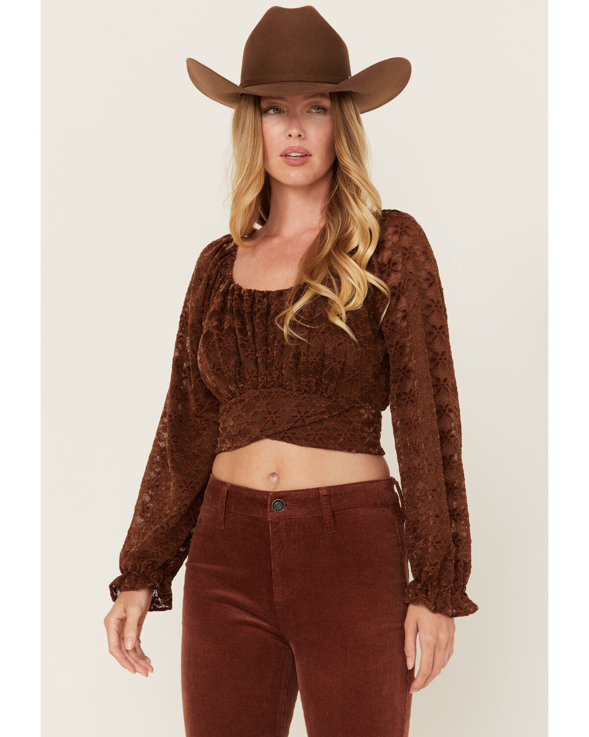 Beyond The Radar Women's Floral Lace Long Sleeve Tie Back Cropped Shirt, Brown, hi-res