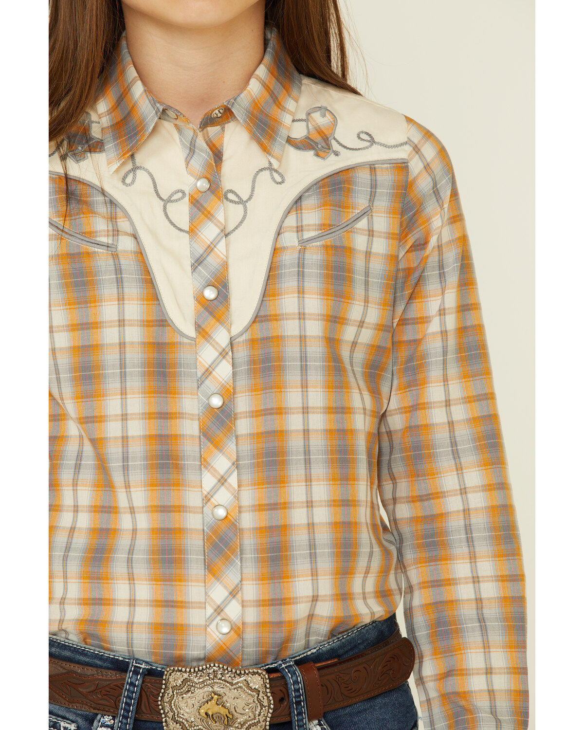 Image #3 - Roper Girls' Plaid Print Fancy Applique Yoke Long Sleeve Pearl Snap Western Shirt, Mustard, hi-res