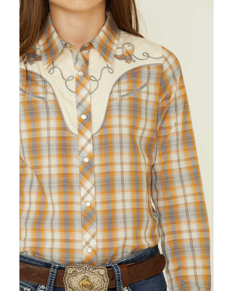 Image #3 - Roper Girls' Plaid Print Fancy Applique Yoke Long Sleeve Pearl Snap Western Shirt , Mustard, hi-res