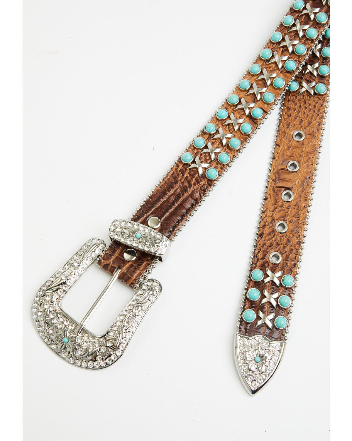 Image #2 - Shyanne Women's Embellished Croc Print Studded Leather Belt, Brown, hi-res