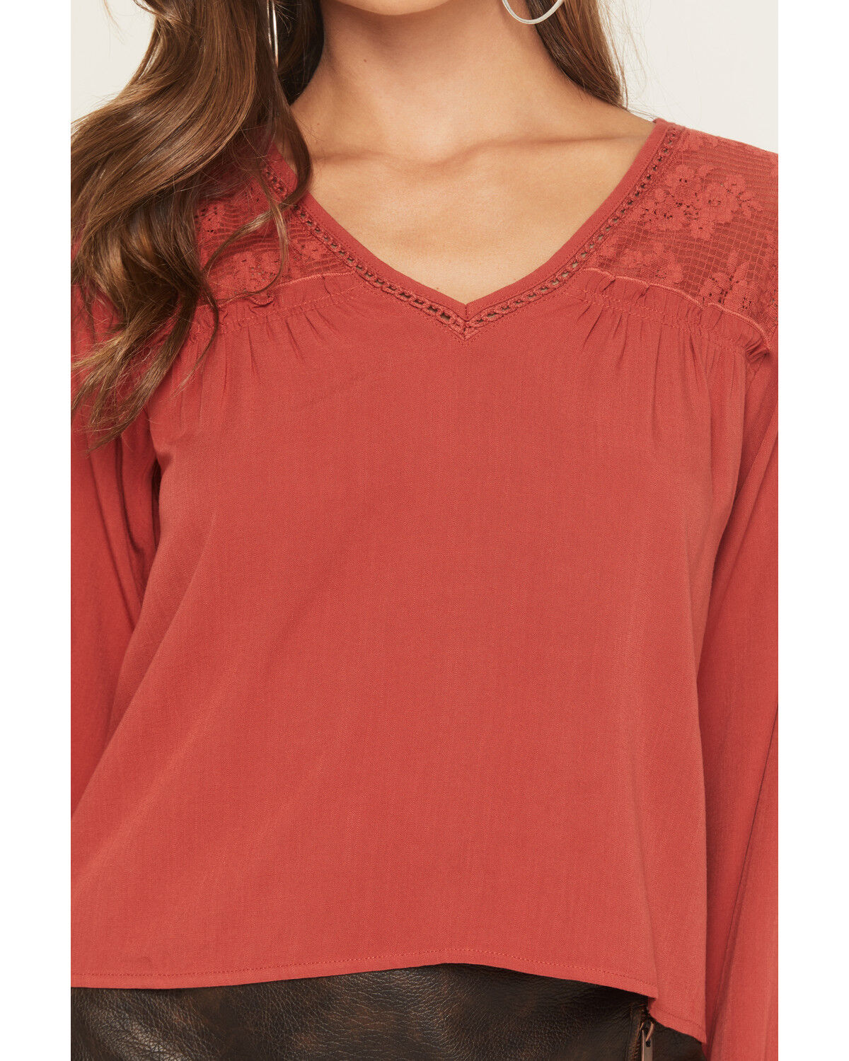 Image #3 - Eyeshadow Women's Long Sleeve Lace Contrast Peasant Top, Red, hi-res