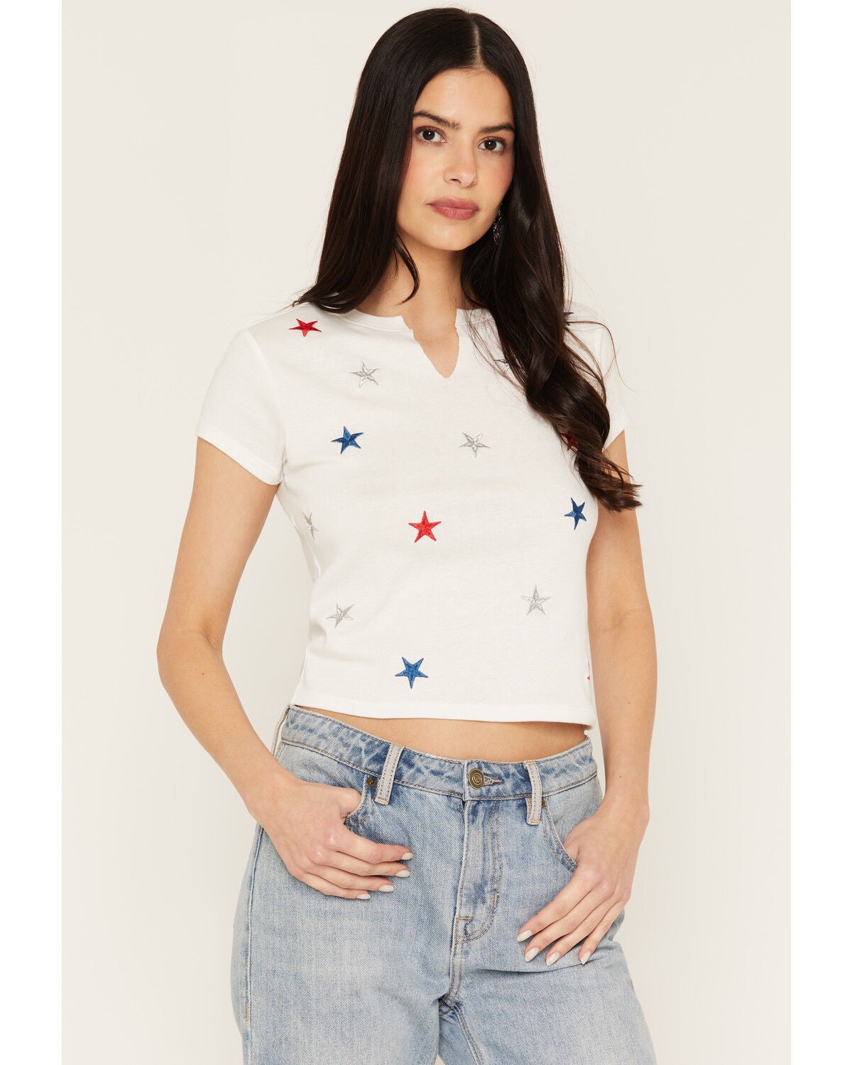 Image #1 - Blended Women's Americana Star Embroidered Short Sleeve Baby Tee, White, hi-res