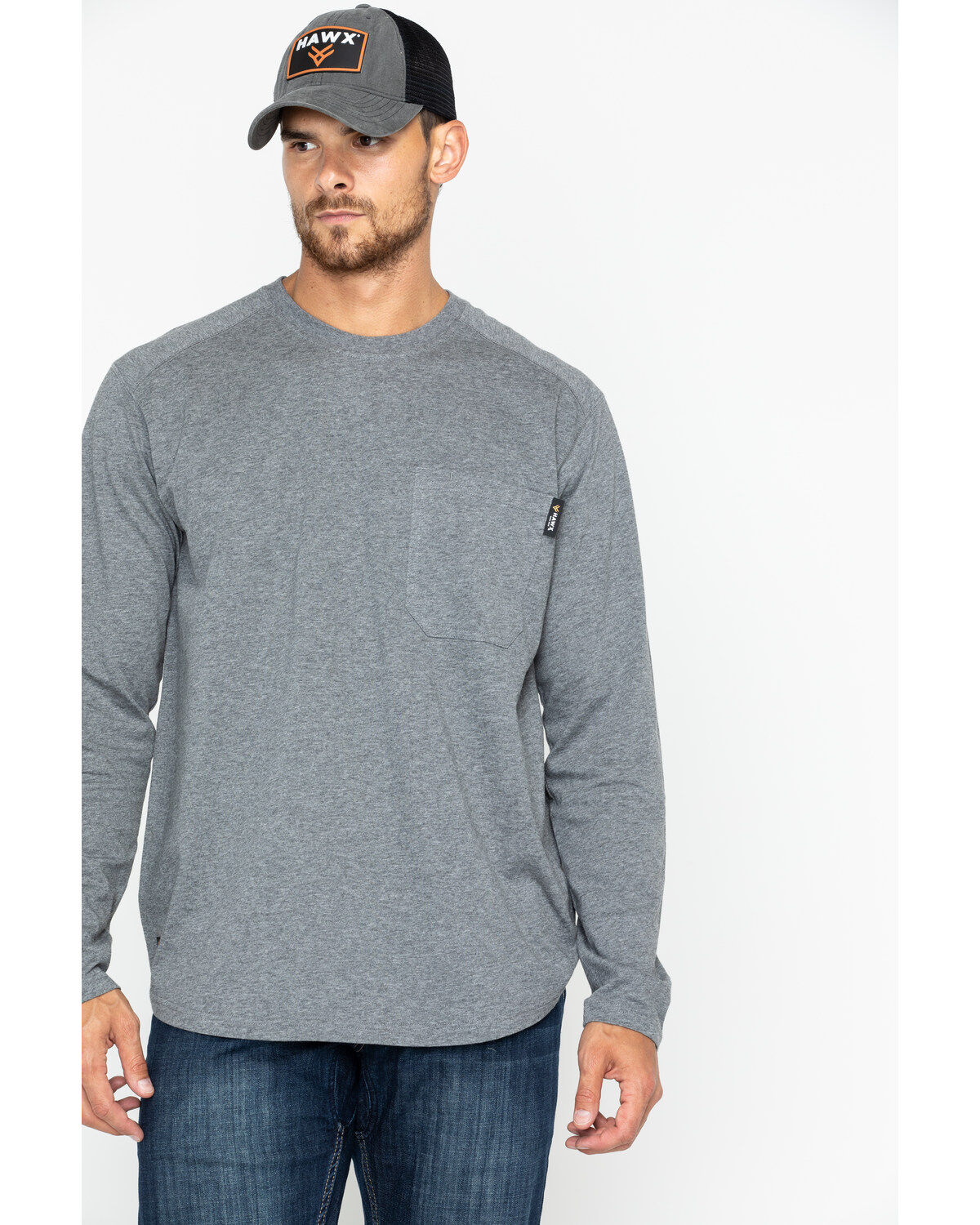 Image #1 - Hawx Men's Heather Gray Logo Crew Long Sleeve Work T-Shirt - Big, Heather Grey, hi-res