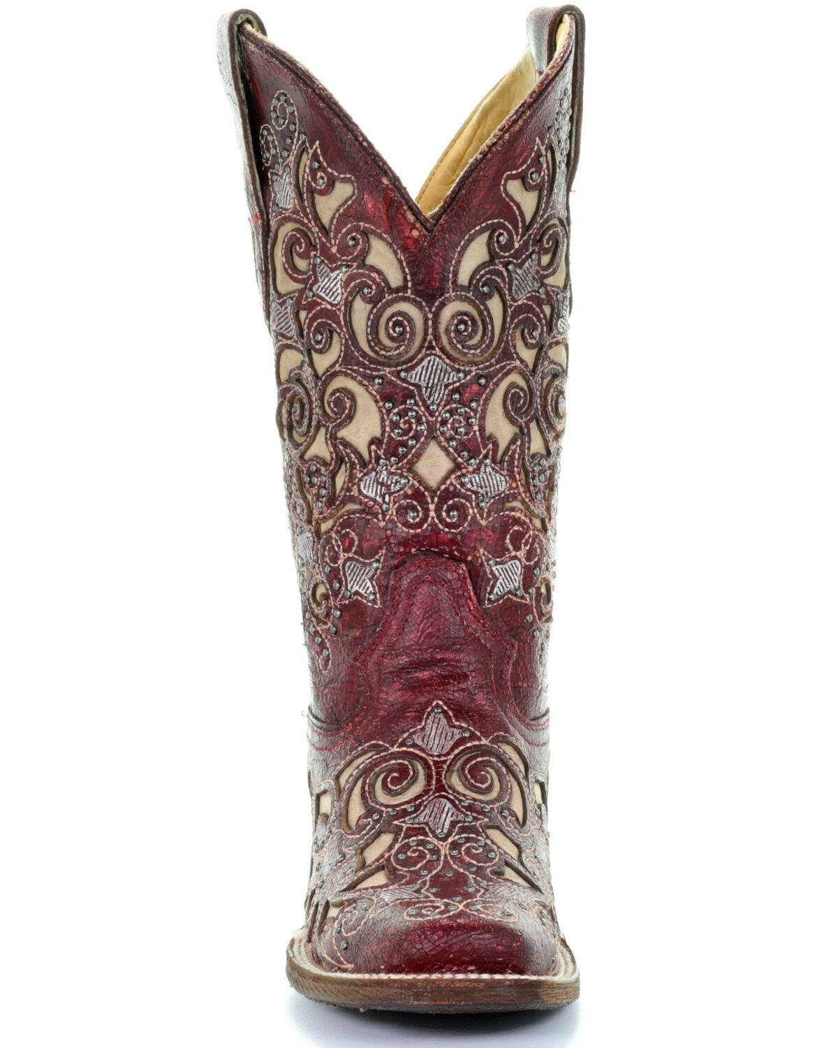Image #4 - Corral Women's Red Embroidered Stud Inlay Cowgirl Boots - Square Toe, , hi-res