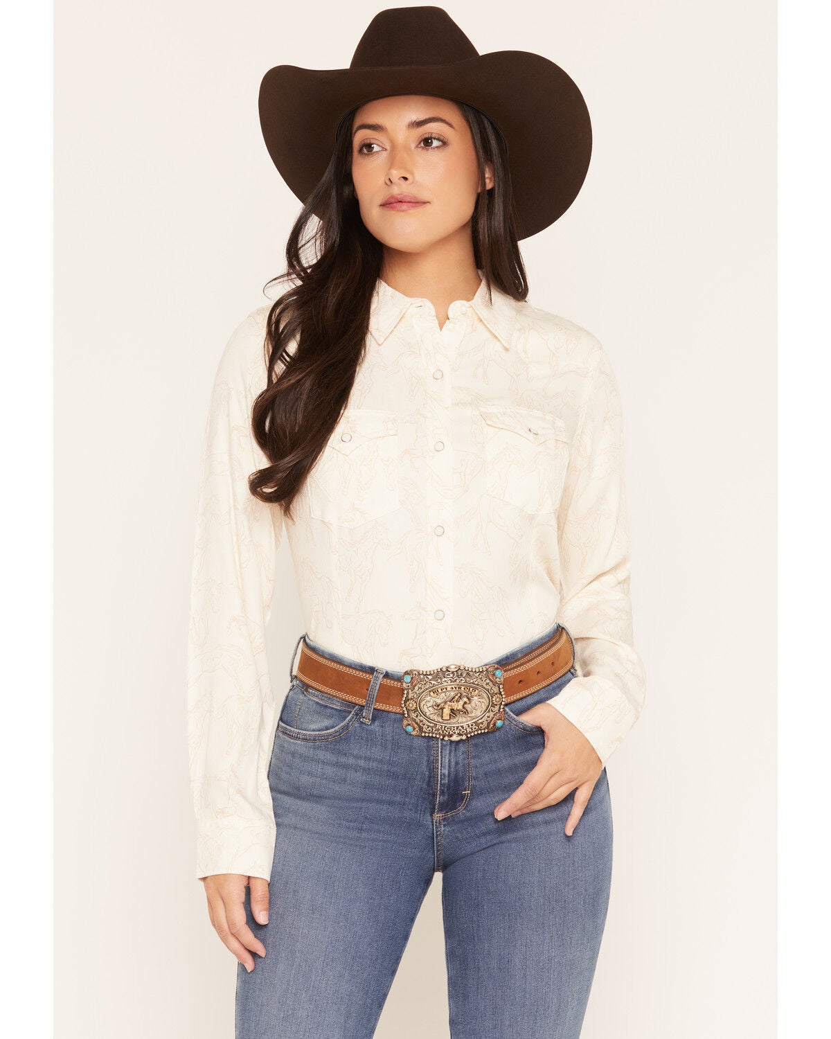 Image #1 - Wrangler Retro Women's Sierra Horse Print Slim Long Sleeve Snap Western Shirt, Cream, hi-res