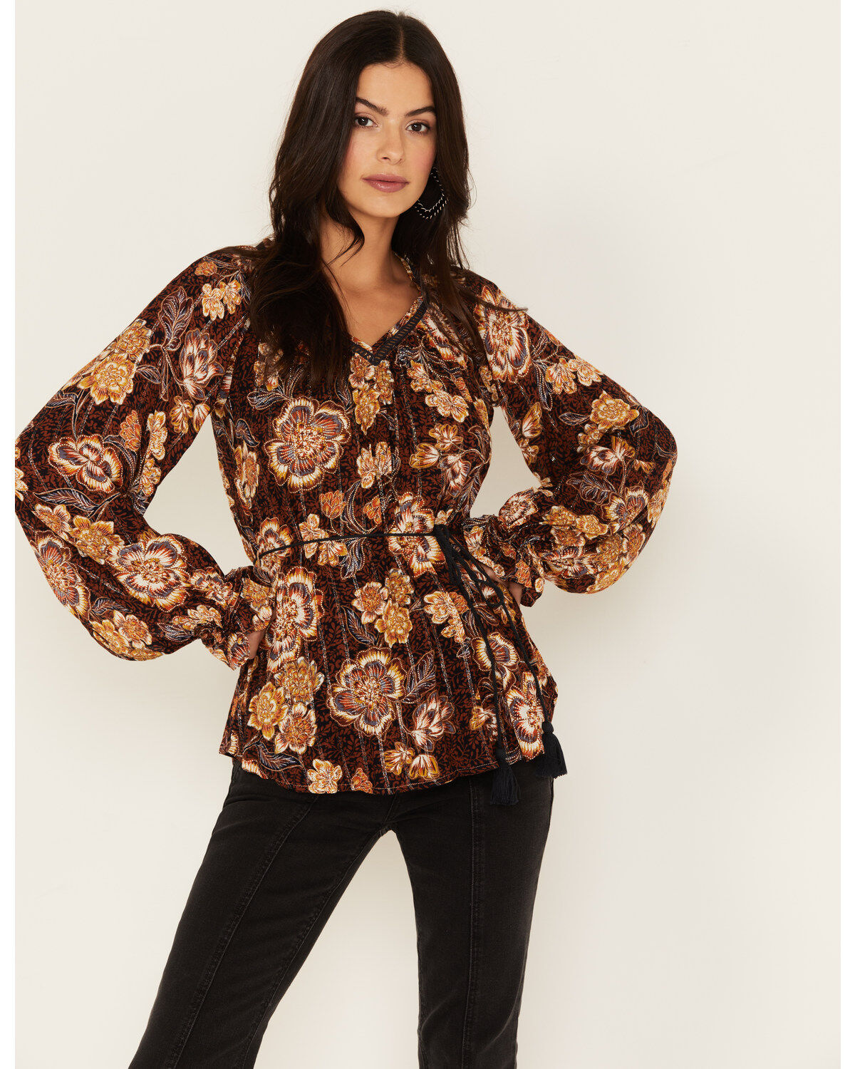 Image #1 - Shyanne Women's Belted Peasant Top, Dark Blue, hi-res