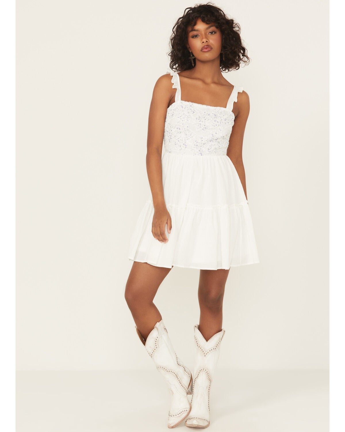 Yura Women's Floral Patched Crochet Mini Dress, White, hi-res