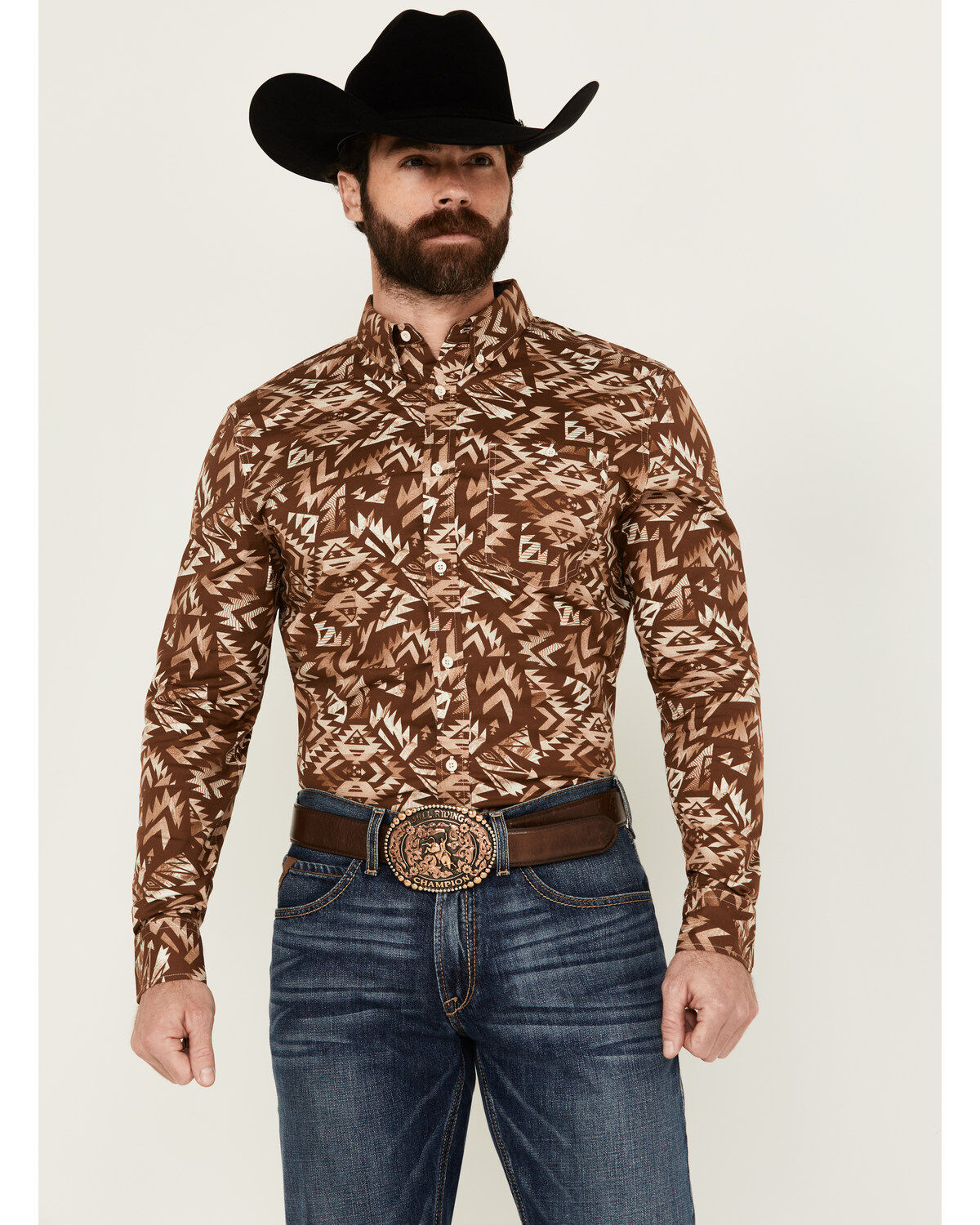Image #1 - RANK 45® Men's Hopewood Abstract Southwestern Print Long Sleeve Button-Down Stretch Western Shirt, Rust Copper, hi-res