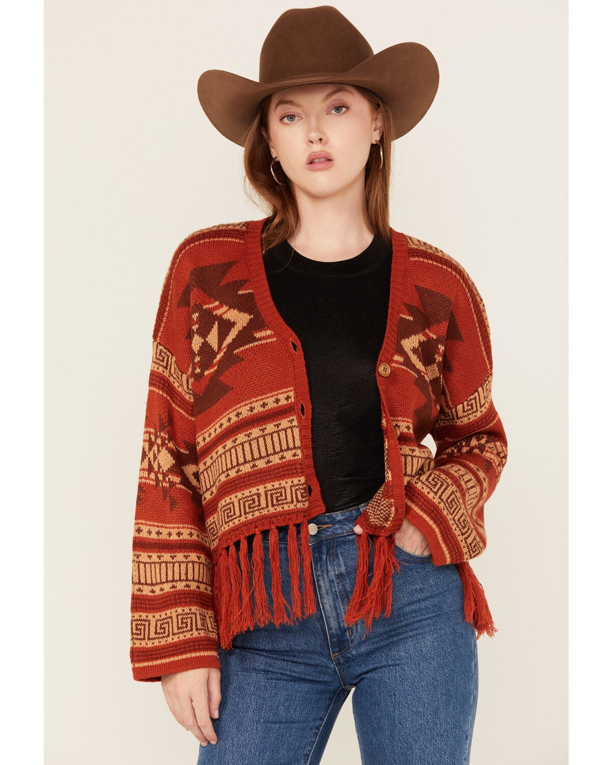 Rock & Roll Denim Women's Southwestern Print Fringe Cardigan, Rust Copper, hi-res