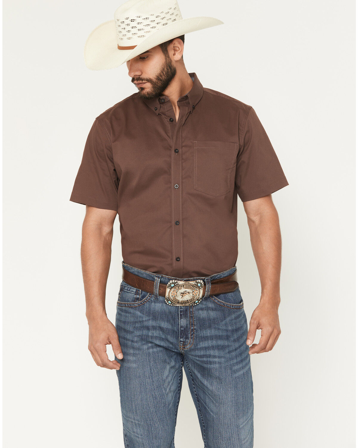 Image #1 - Cody James Men's Basic Twill Short Sleeve Button-Down Stretch Western Shirt, Coffee, hi-res