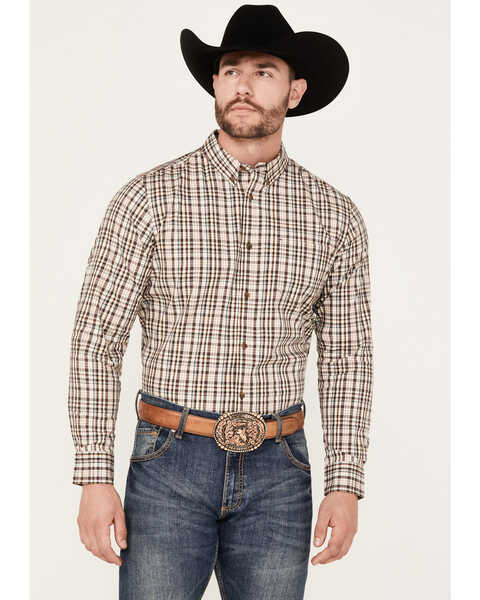 Cody James Men's Rough Dirt Plaid Print Long Sleeve Button-Down Stretch Western Shirt - Tall, Tan, hi-res