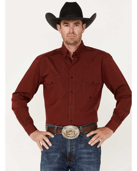 Roper Men's Pinewood Solid Long Sleeve Button Down Western Shirt, Red, hi-res