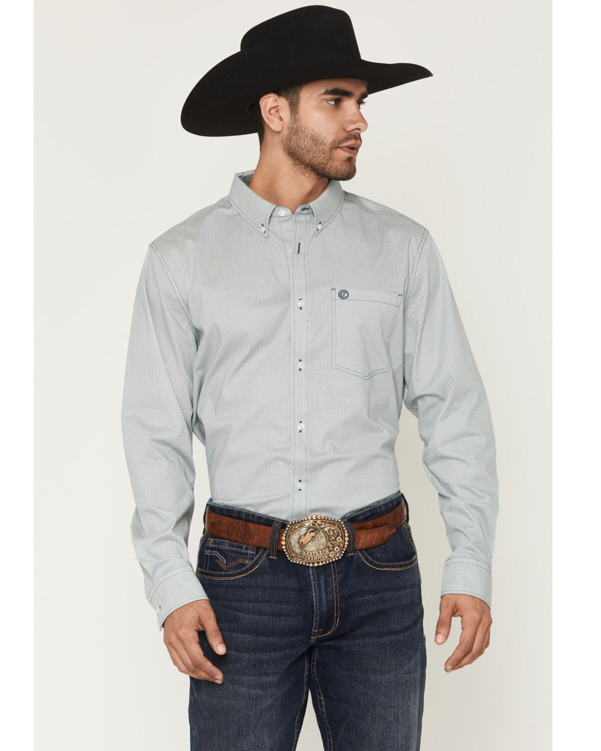 Image #1 - Cody James Men's Day Job Geo Print Long Sleeve Button-Down Stretch Western Shirt - Big, Blue, hi-res