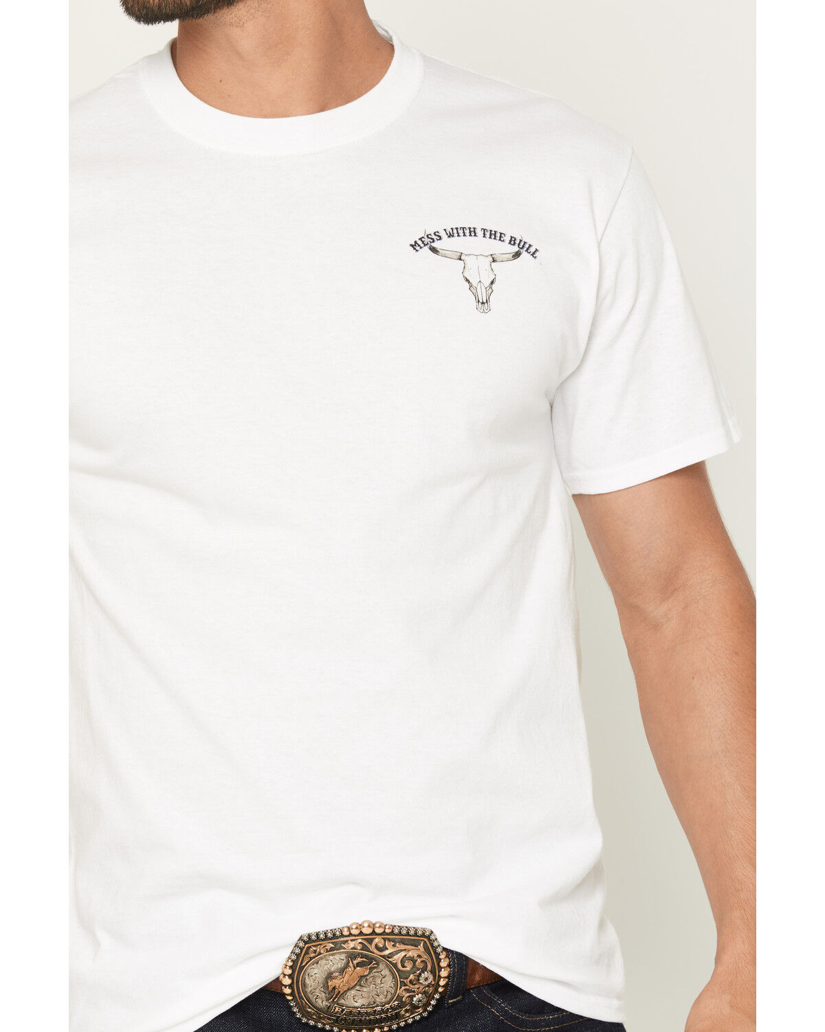 Image #4 - Cowboy Hardware Men's Mess With The Bull Short Sleeve Graphic T-Shirt, White, hi-res