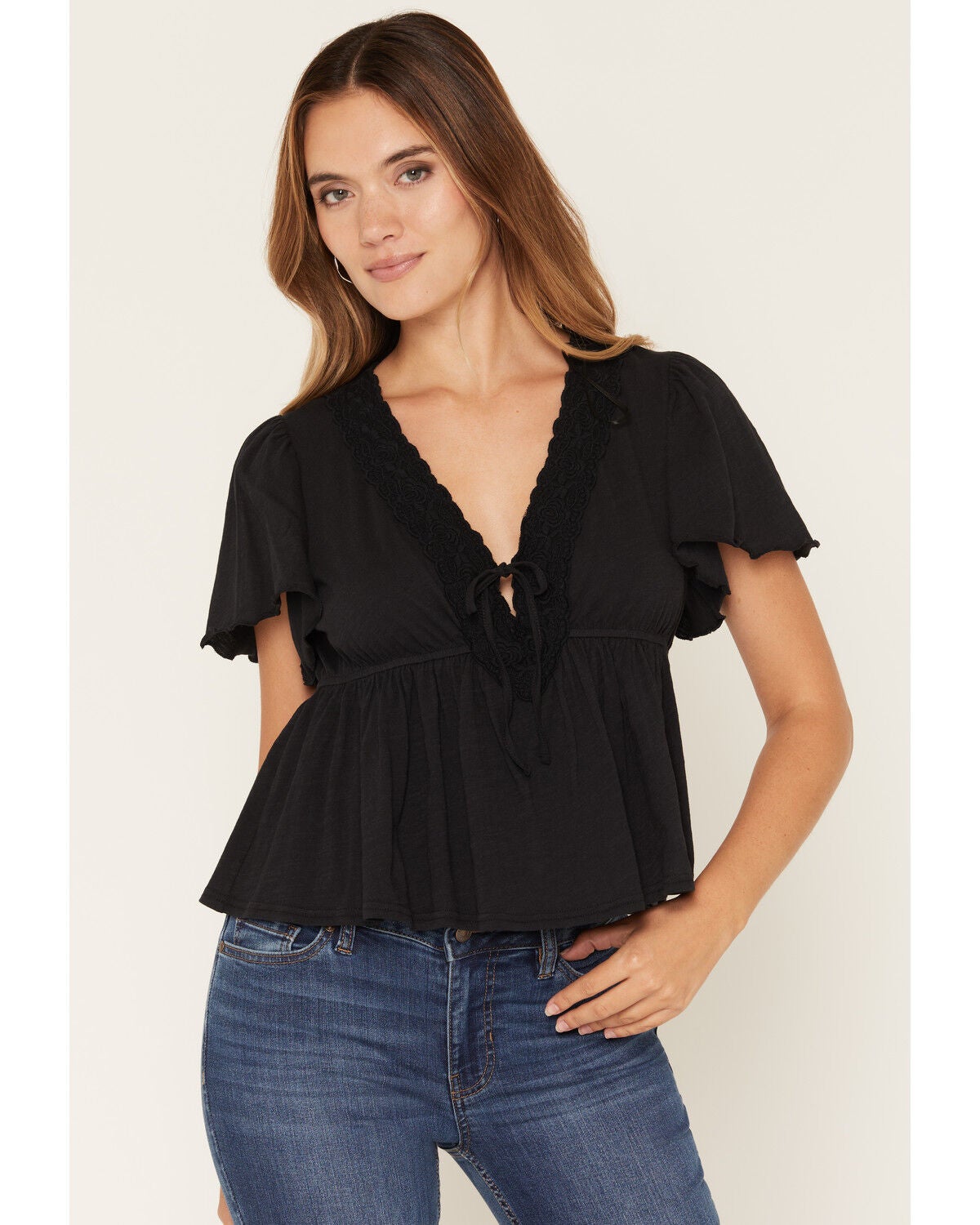 Originality Women's V Neck Peplum Top, Black, hi-res