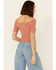 Very J Women's Rib Knit Cross Front Off-Shoulder Short Sleeve Crop Top, Rust Copper, hi-res