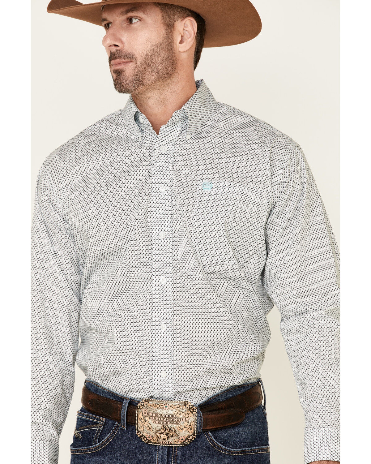 Image #3 - Cinch Men's White Stretch Geo Print Long Sleeve Western Shirt, White, hi-res