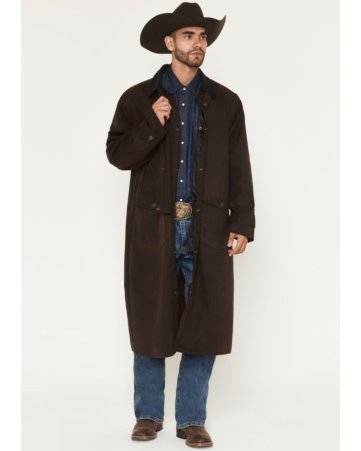 Blue Ranchwear Men's Briscoe Waxed Canvas Duster Western Overcoat, Dark Brown, hi-res