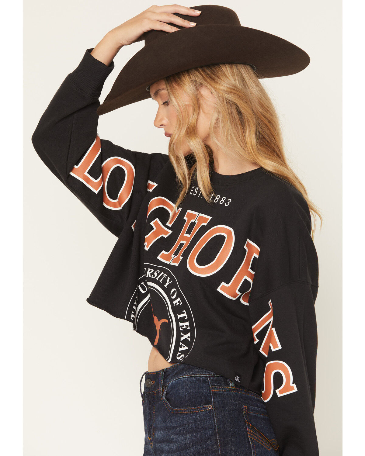 Image #2 - Gameday Women's UT Split Long Sleeve Cropped Graphic Tee, Black, hi-res