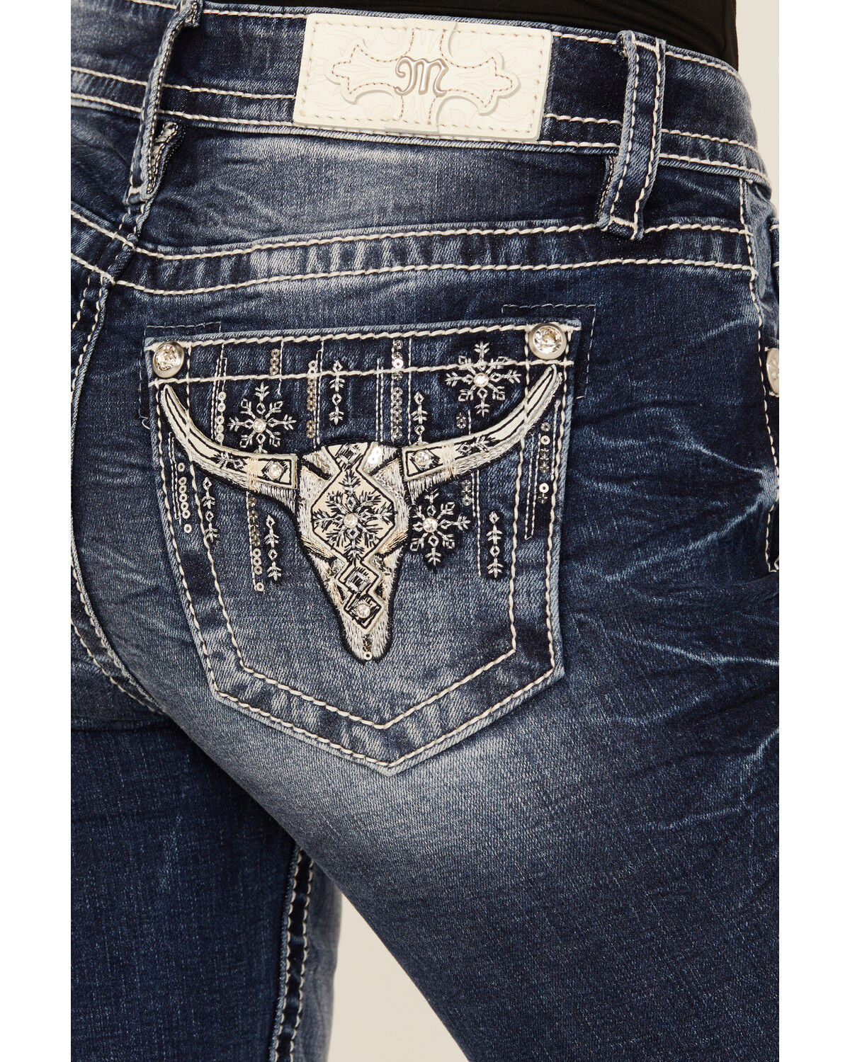 Image #2 - Miss Me Women's Dark Wash Mid Rise Steer Head Pocket 32" Bootcut Stretch Denim Jeans, Dark Wash, hi-res