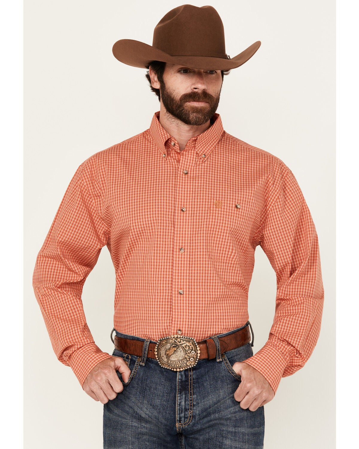 George Strait by Wrangler Men's Plaid Print Long Sleeve Button-Down Stretch Western Shirt, Brick Red, hi-res