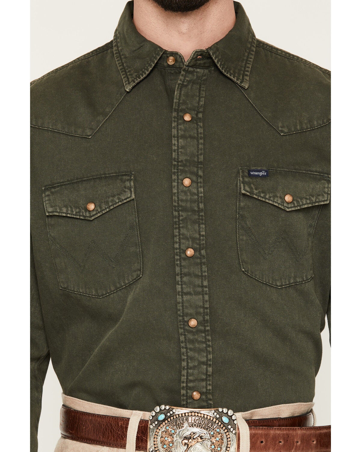 Image #3 - Wrangler Men's Solid Long Sleeve Snap Denim Western Shirt, Olive, hi-res