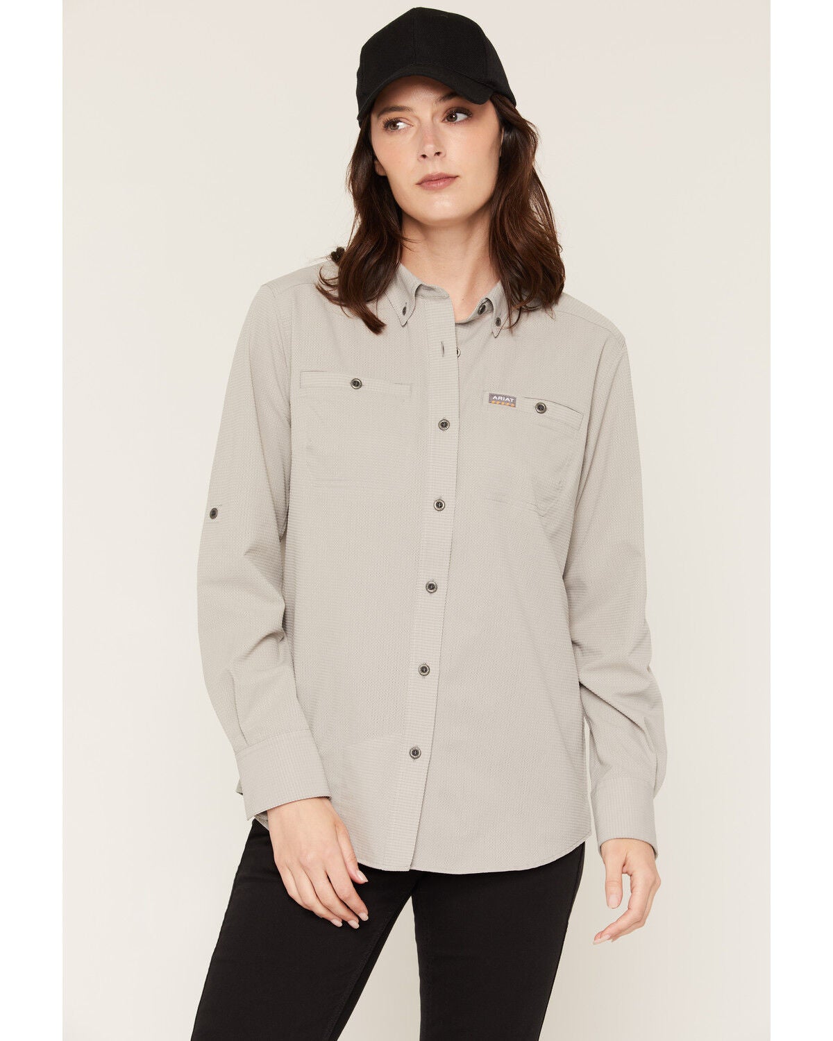 Ariat Women's Rebar Made Tough 360 Airflow DuraStretch Long Sleeve Button-Down Work Shirt, Light Grey, hi-res