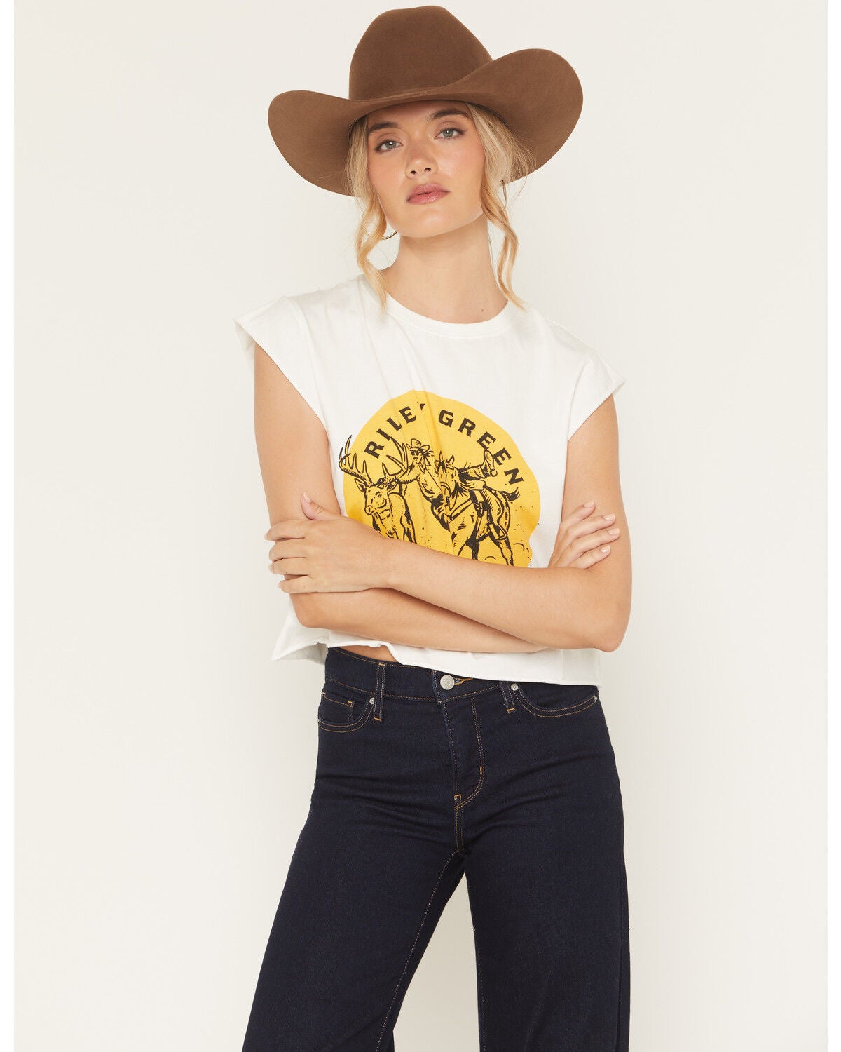 People of Leisure Women's Riley Green Logo Graphic Muscle Tee, White, hi-res