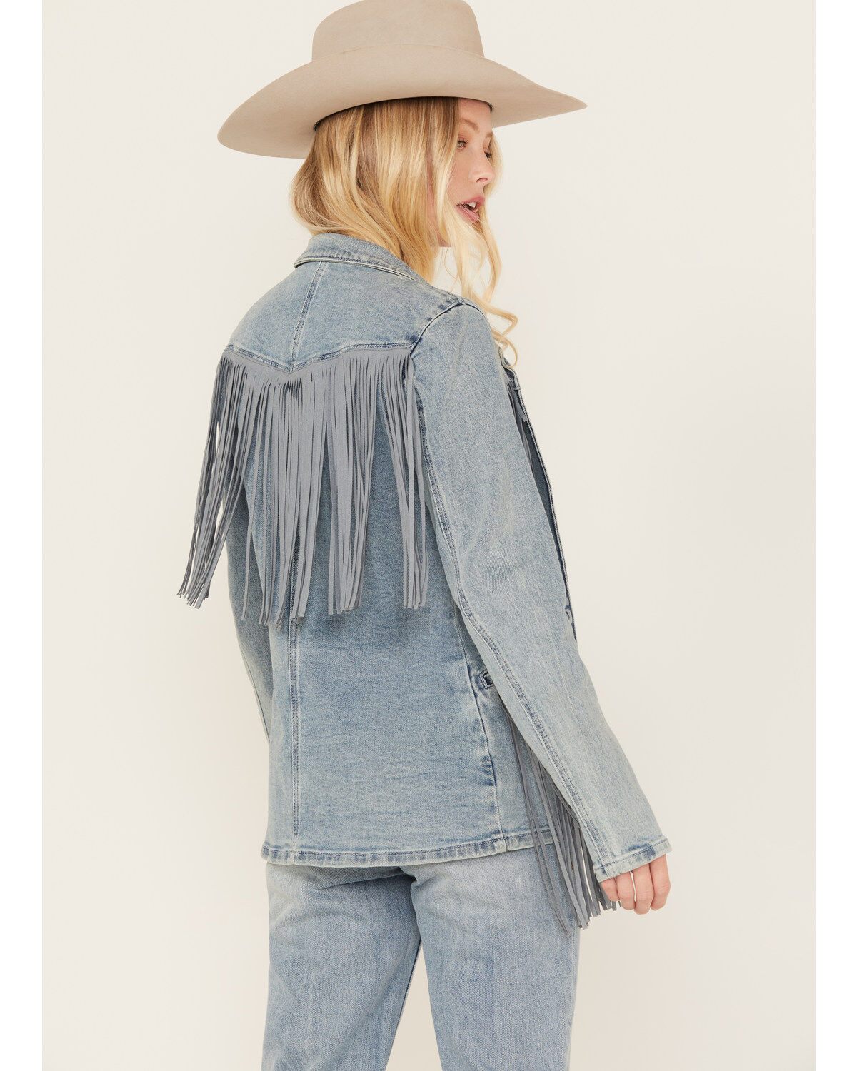 Image #4 - Rock & Roll Denim Women's Light Wash Denim Stretch Fringe Blazer, , hi-res