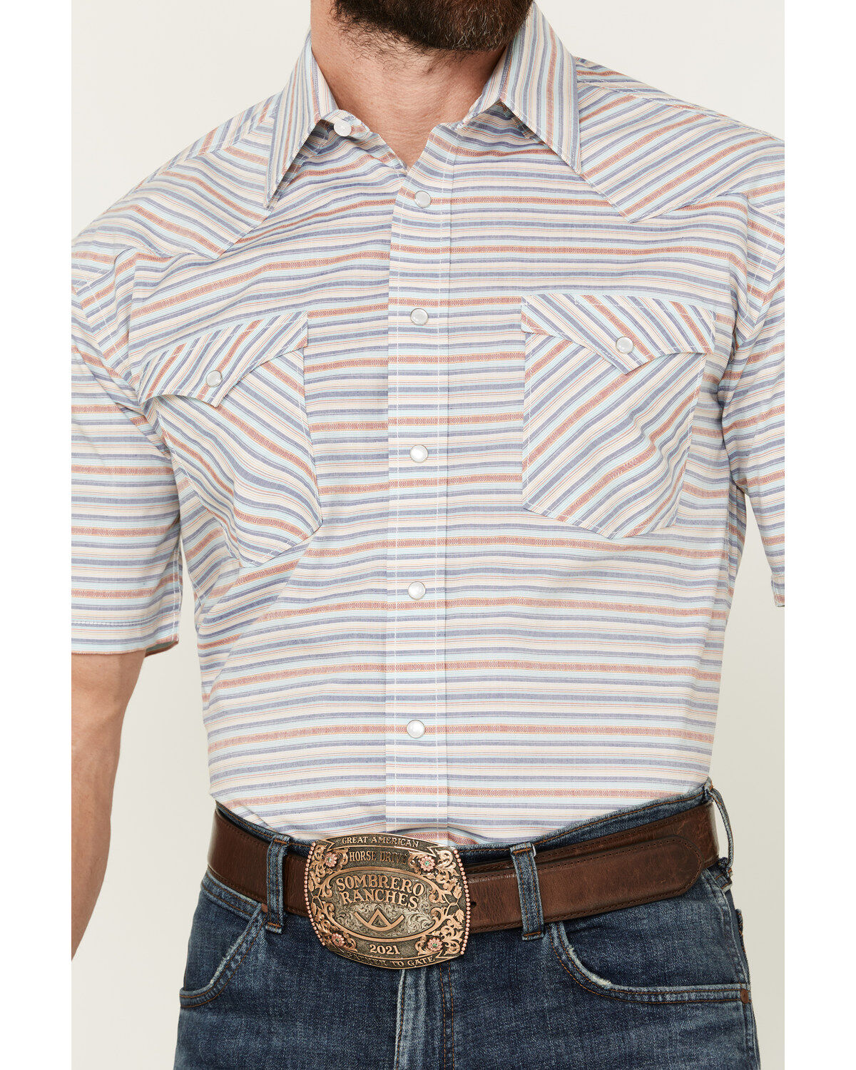 Image #3 - Panhandle Men's Serape Striped Short Sleeve Pearl Snap Western Shirt, Cream, hi-res