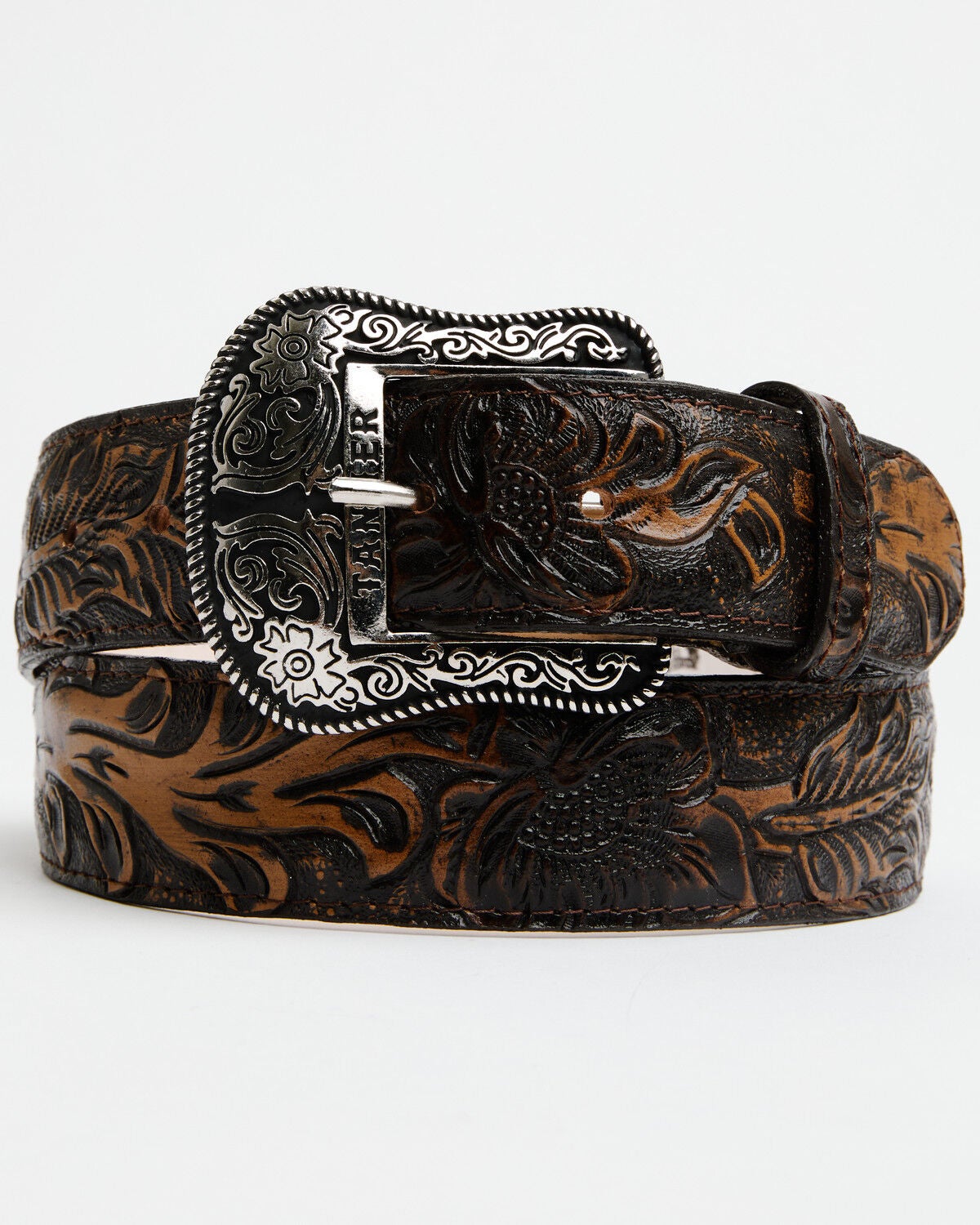 Image #1 - Tanner Mark Men's Jungle Tooled Leather Belt, Brown, hi-res