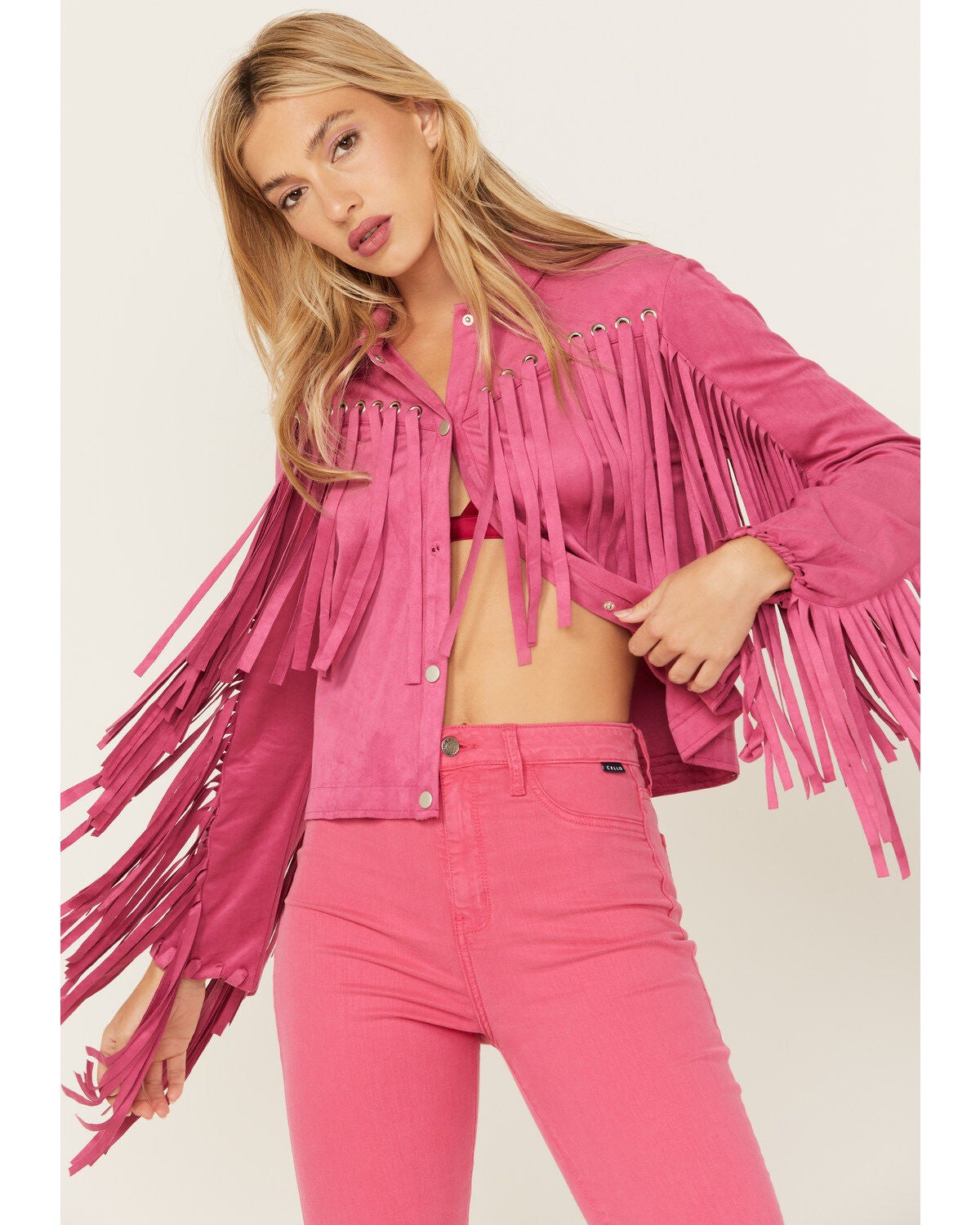 Image #2 - Blue B Women's Grommet Faux Suede Fringe Jacket , , hi-res