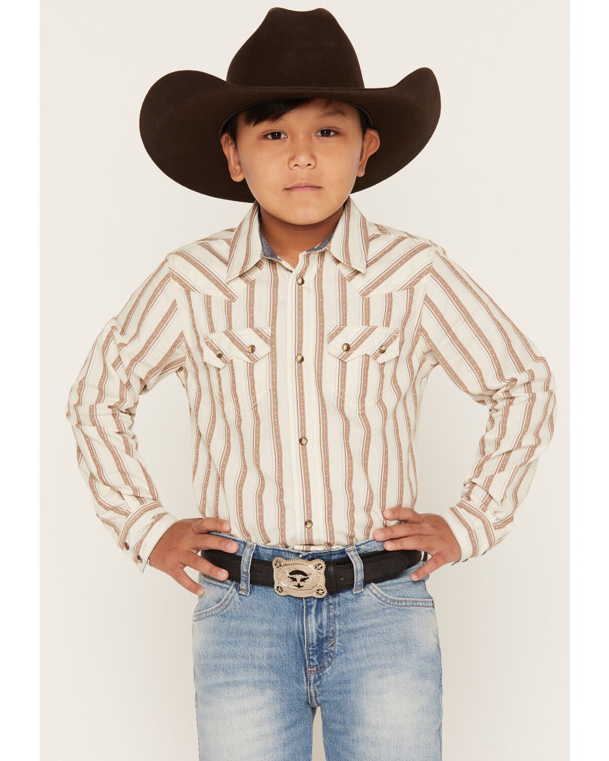 Cody James Boys' Trigger Striped Print Long Sleeve Snap Western Shirt, Cream, hi-res