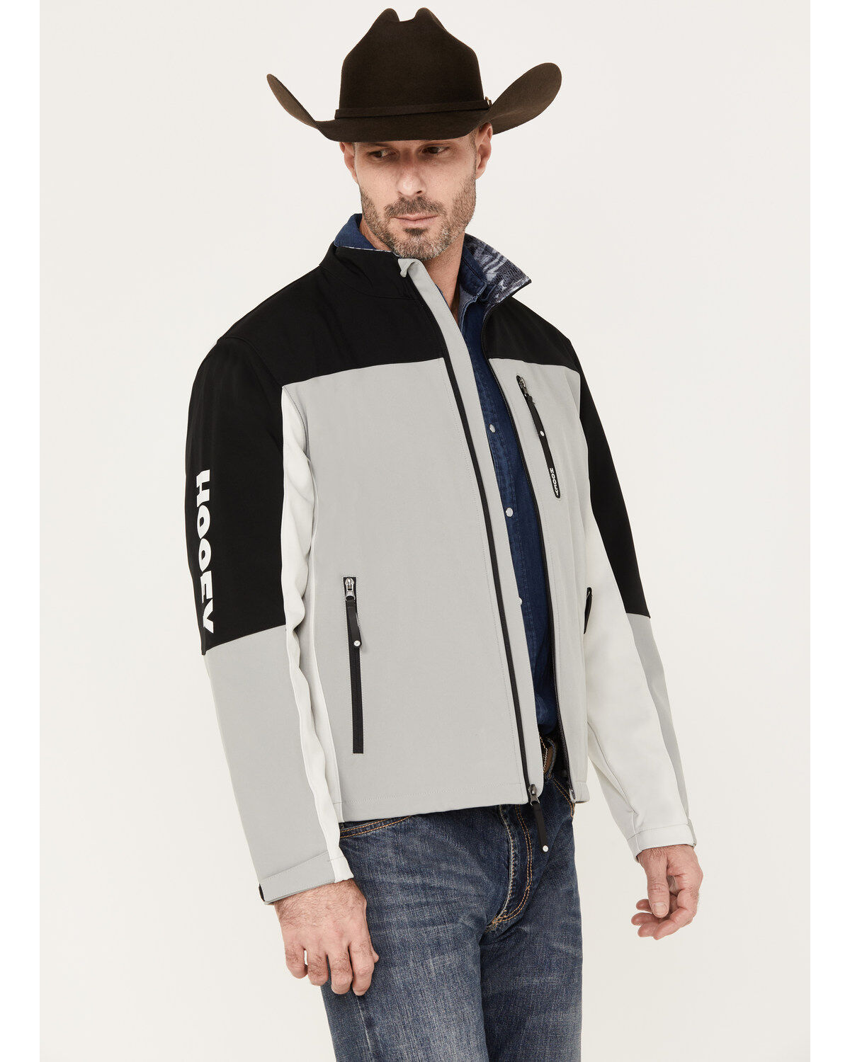 Image #1 - Hooey Men's Color Block Southwestern Print Softshell Jacket, Charcoal, hi-res